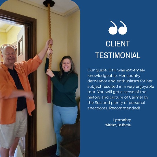 A delighted couple participating in an interactive experience at a historic site in Carmel, ringing a traditional rope bell during their tour.